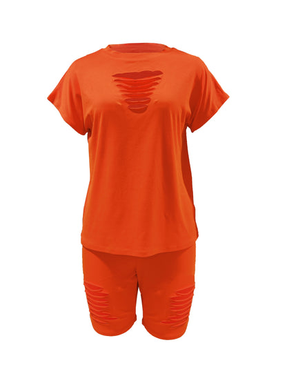 Chic Ripped Solid Two-piece Set - Crew Neck Short Sleeve Tee & Slim Shorts Outfit - Trendy Womens Casual Summer Wear