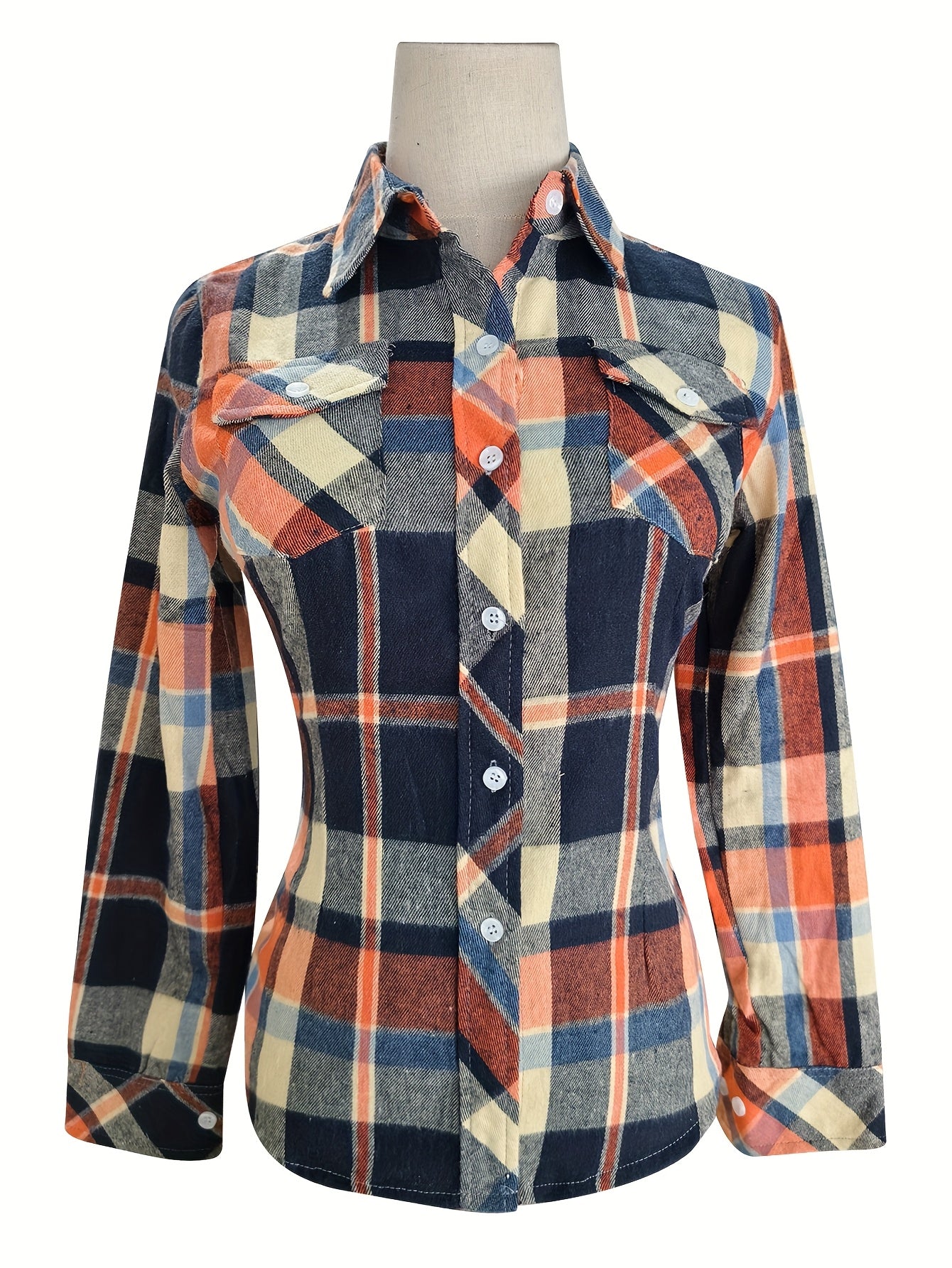 Women's Sexy Retro Slim Fit Long Sleeve Shirt - Blue & Orange Plaid Button-Up with Chest Pockets, Classic Collar, Machine Washable for Spring/Fall/Summer Casual & Office Wear, Seasonal Fashion Top | Durable Fabric Blouse