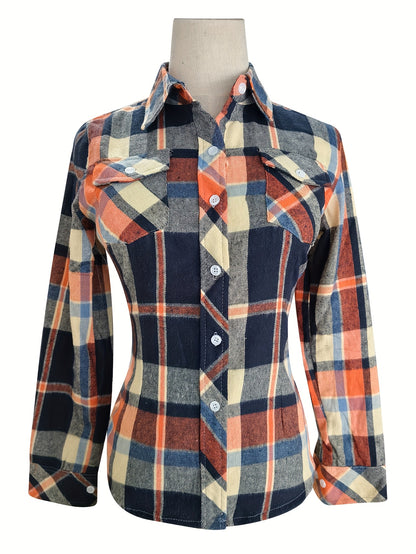 Women's Sexy Retro Slim Fit Long Sleeve Shirt - Blue & Orange Plaid Button-Up with Chest Pockets, Classic Collar, Machine Washable for Spring/Fall/Summer Casual & Office Wear, Seasonal Fashion Top | Durable Fabric Blouse