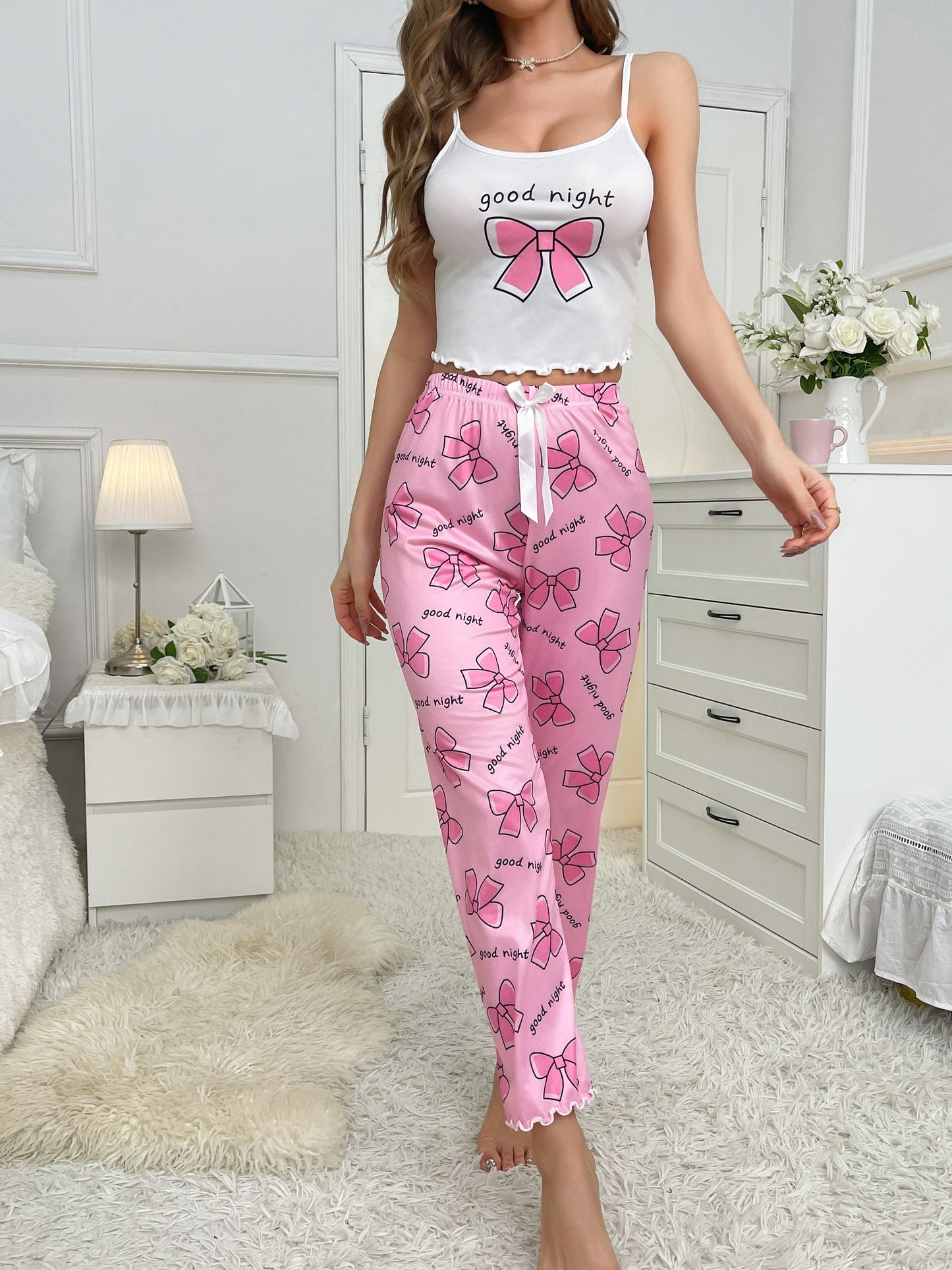 Cozy Bow Tie & Letter Print Pajama Set - Soft Crew Neck Crop Cami Top, Lettuce Trim Pants, Comfortable Women's Sleepwear & Loungewear for Relaxation