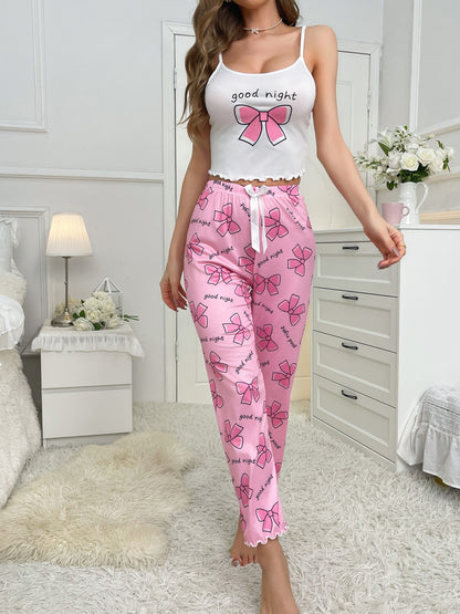 Cozy Bow Tie & Letter Print Pajama Set - Soft Crew Neck Crop Cami Top, Lettuce Trim Pants, Comfortable Women's Sleepwear & Loungewear for Relaxation