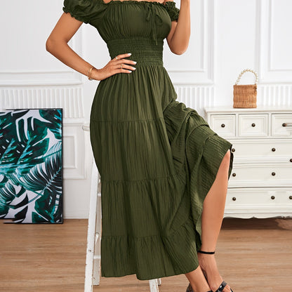 Off Shoulder Shirred Waist Dress, Elegant Aline Smocked Maxi Dress For Spring & Summer, Women's Clothing