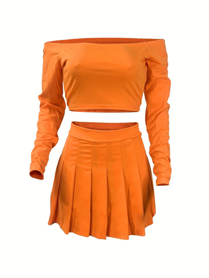 Solid Elegant Two-piece Set, Off Shoulder Long Sleeve Crop Top & Pleated Mini Skirt Outfits, Women's Clothing