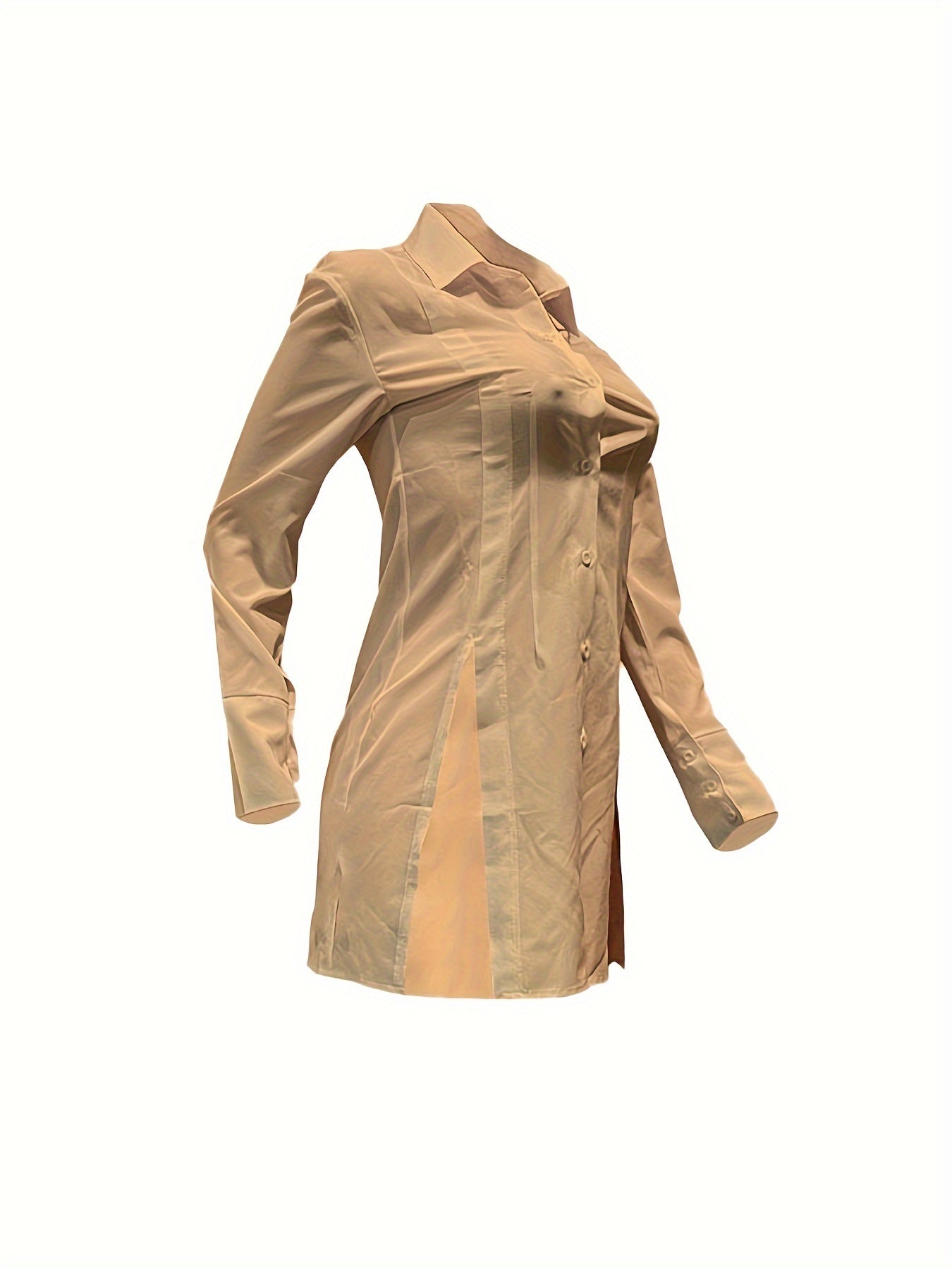 Women's Slim-Fit White Long Sleeve Shirt with Notch Lapel & Side Slit - Solid Color Button-Up Blouse, Machine Washable, Versatile for Casual & Formal Wear, Ladies Blouses