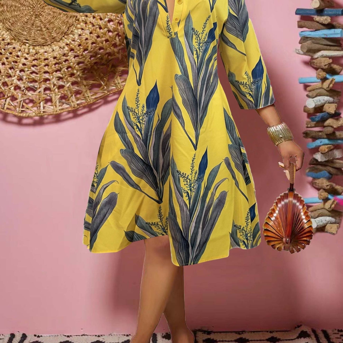 Plant Print Button Front Dress, Casual Long Sleeve Midi Dress, Women's Clothing