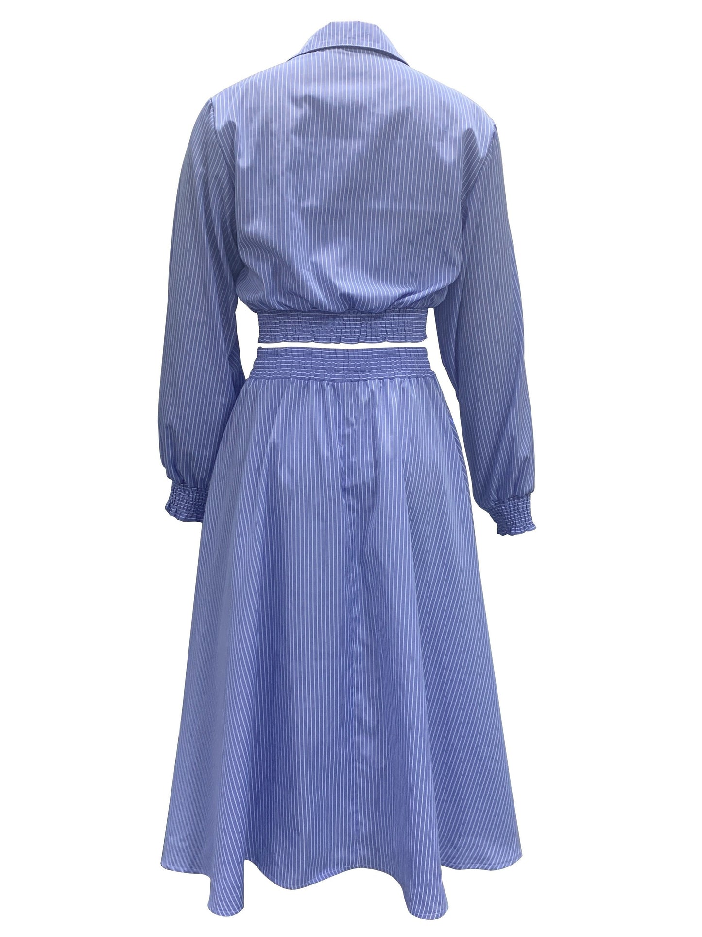 Casual Meets Elegance: Stripe-Print Crop Top & Ruffled Swing Skirt Set - Easy Maintenance, Ideal for Spring/Summer