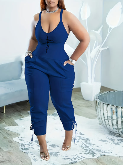 Chic Faith Print Spaghetti Strap Jumpsuit - Sleeveless and Breathable with Dual Pockets, Perfect for Spring & Summer Wear