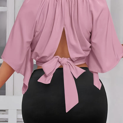 Solid Color Crew Neck Blouse, Elegant Short Sleeve Bow Back Split Blouse For Spring & Summer, Women's Clothing