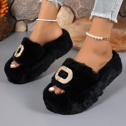 [Luxury Slip-On] Plush Faux Fur Women's Slip-On Slippers | Thick Cushioned Rubber Sole & Metallic Buckle Accents - All-Season Indoor/Outdoor House Shoes in Black, Beige, White, Brown, Comfort Footwear, Luxury Slipon, Soft Sli