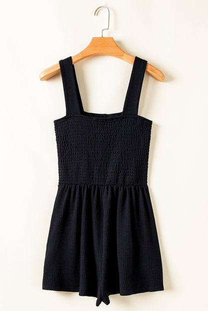Black Smocked Bust Textured Knit Sleeveless Romper