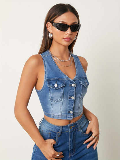 Stylish Sleeveless Denim Jacket Vest - Women's Clothing - Fashionable Streetwear, Button Closure, Washed Blue, Sexy, Summer Wear, Casual Outing, Versatile, Chic, and Trendy