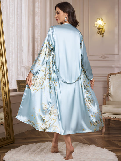 Women's Fashion Sleepwear, Long Sleeve Satin Robe with Cherry Print, V-Neck, Breathable Summer Bath Robe, Home Loungewear, Polyester, Adult Size, Woven Fabric