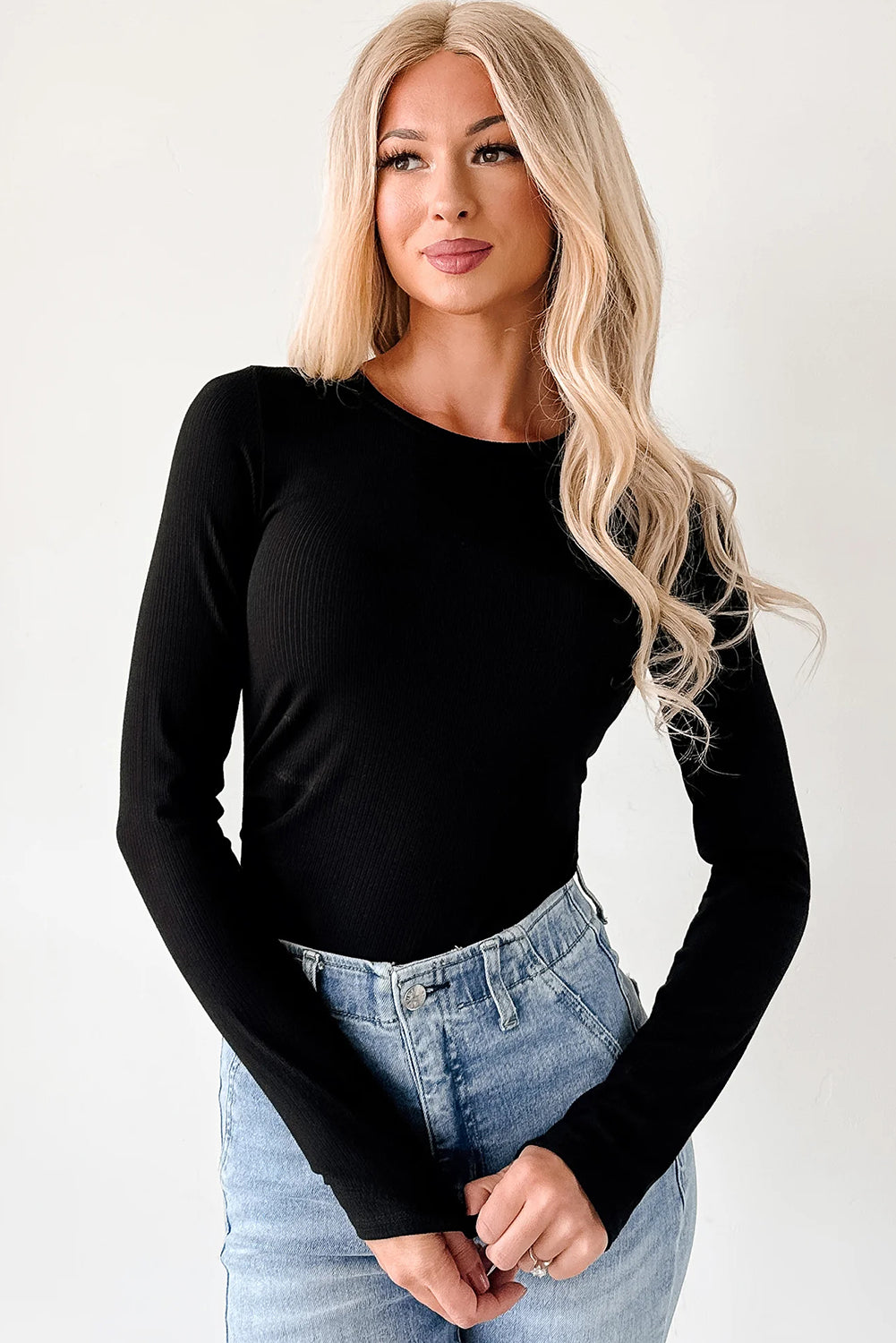 Dearlovers Black Ribbed Long Sleeve Crew Neck Solid Color Bodysuit
