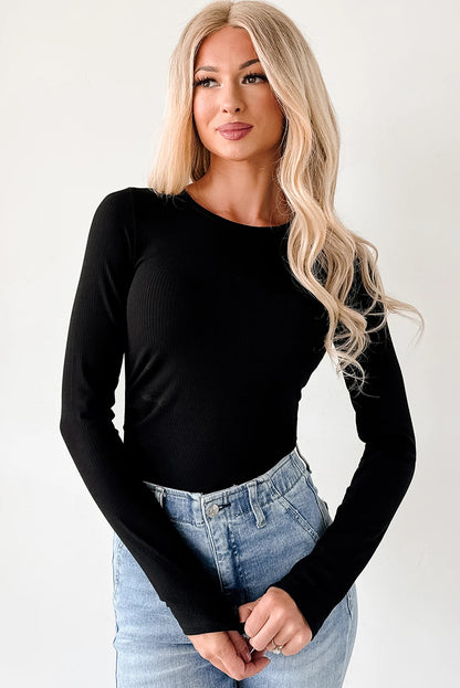 Dearlovers Black Ribbed Long Sleeve Crew Neck Solid Color Bodysuit