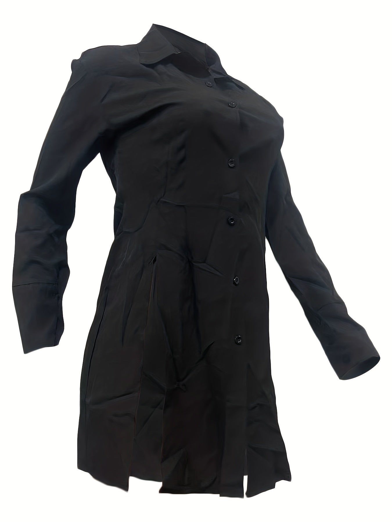 Women's Slim-Fit White Long Sleeve Shirt with Notch Lapel & Side Slit - Solid Color Button-Up Blouse, Machine Washable, Versatile for Casual & Formal Wear, Ladies Blouses