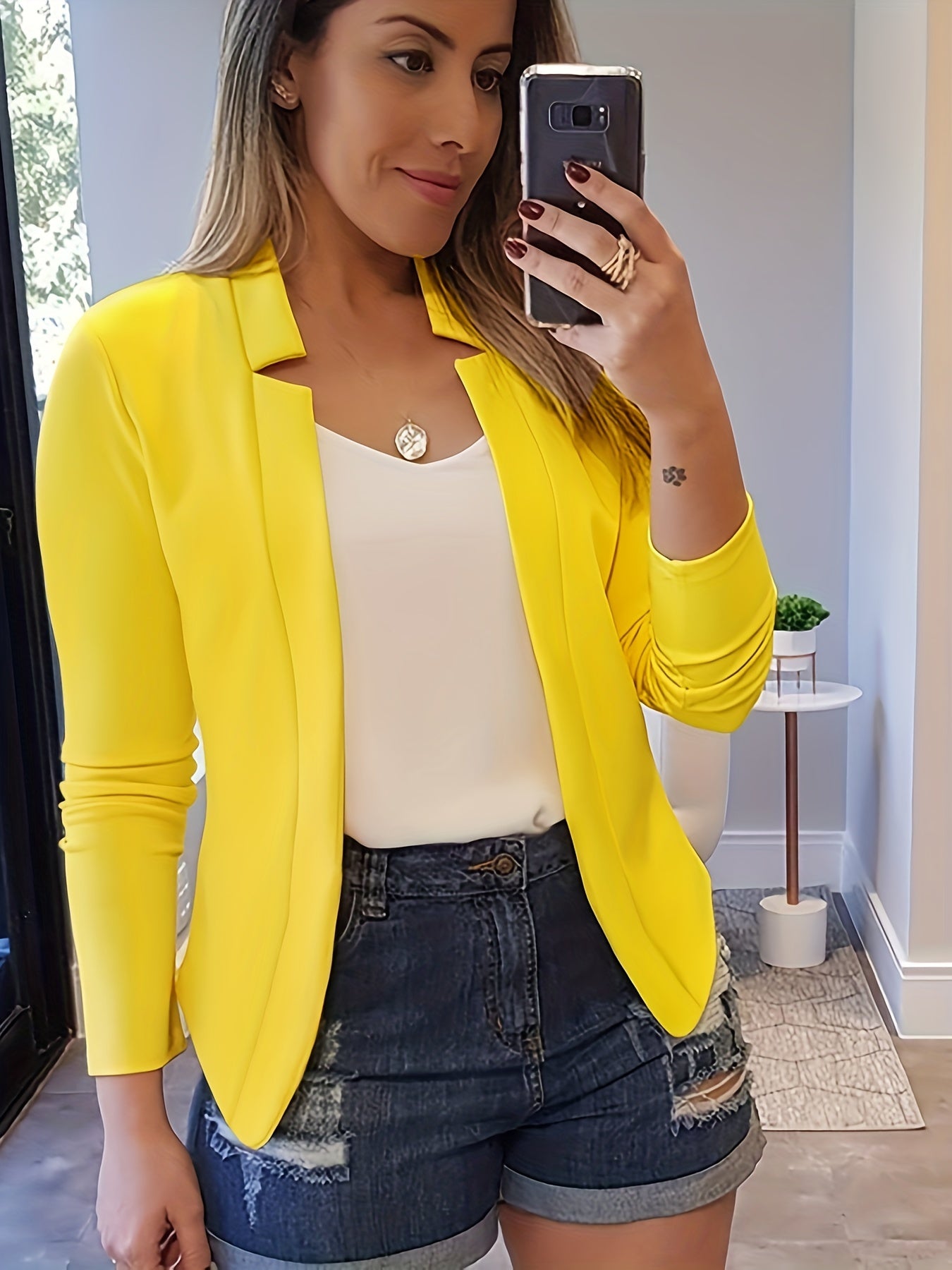 Solid Open Front Blazer, Casual Long Sleeve Blazer For Office & Work, Women's Clothing