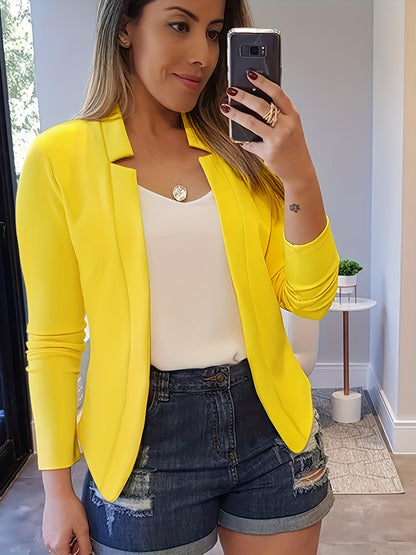 Solid Open Front Blazer, Casual Long Sleeve Blazer For Office & Work, Women's Clothing