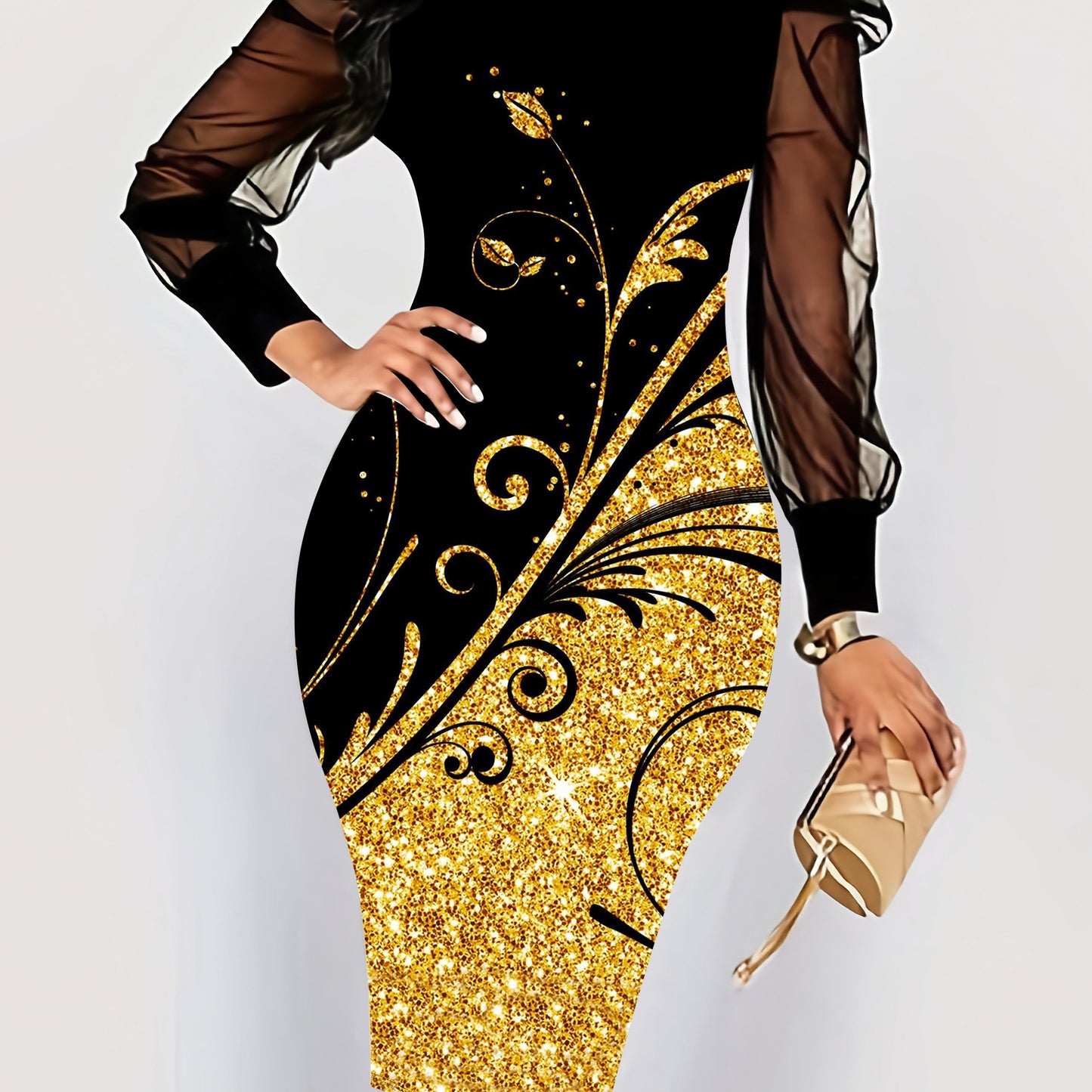 Butterfly Print Contrast Mesh Dress, Elegant Crew Neck Long Sleeve Dress, Women's Clothing