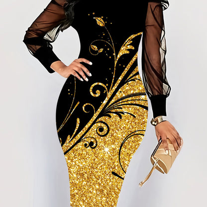 Butterfly Print Contrast Mesh Dress, Elegant Crew Neck Long Sleeve Dress, Women's Clothing