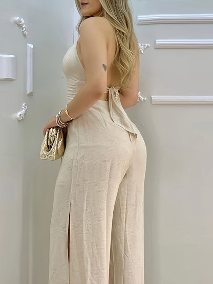 2025 Summer French-Inspired Halter Neck Lace Trim Open Back Jumpsuit with Side Slit - Sexy Elegant Solid Color Women'S Jumpsuit for Daily Commute & Parties, Party Attire, Sophisticated Detailing