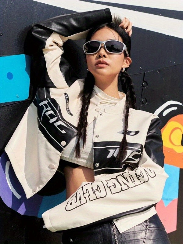 Stylish Faux Leather Long Sleeve Crop Jacket with Letter Print Button Front - Women's Fashion Outerwear for Chic Look - Faux Leather