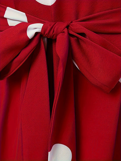 2023 New Women's Elegant Red & White Polka Dot Arabic Abaya Dress - Long Sleeve Round Neck with Adjustable Waist Tie, Machine Washable Lightweight Modest Cover for Spring Summer Fall, Abaya for Summer, Cultural Attire, Season