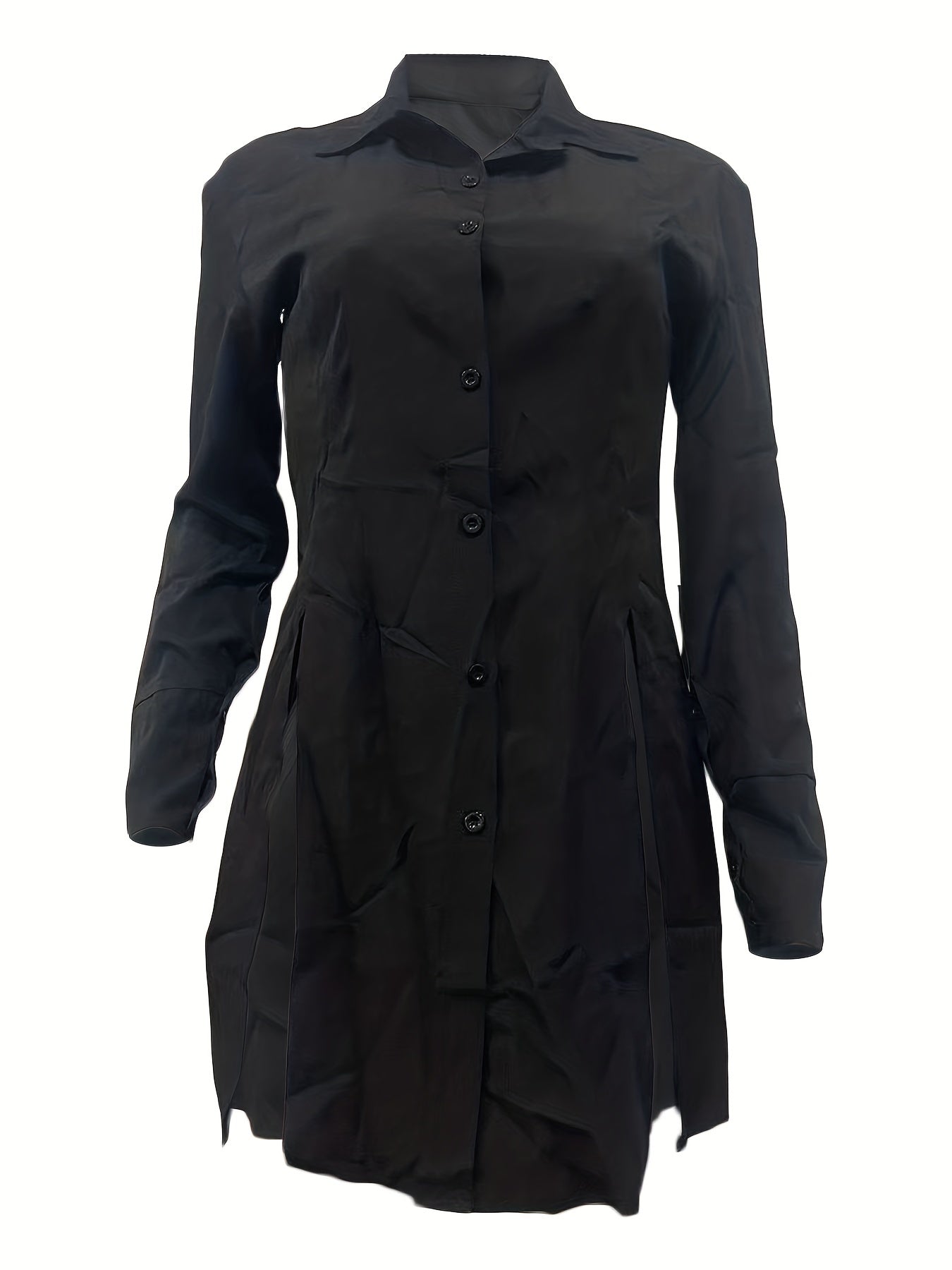 Women's Slim-Fit White Long Sleeve Shirt with Notch Lapel & Side Slit - Solid Color Button-Up Blouse, Machine Washable, Versatile for Casual & Formal Wear, Ladies Blouses