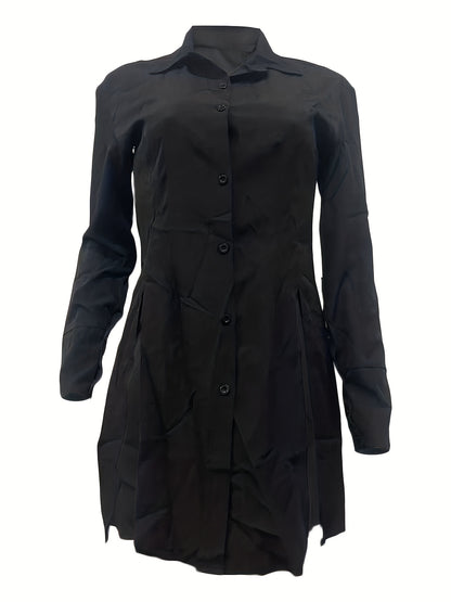 Women's Slim-Fit White Long Sleeve Shirt with Notch Lapel & Side Slit - Solid Color Button-Up Blouse, Machine Washable, Versatile for Casual & Formal Wear, Ladies Blouses