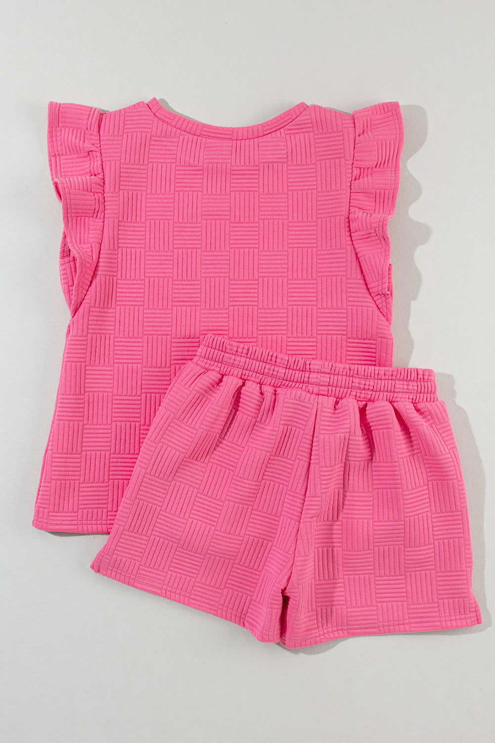 Bonbon Textured Ruffled Sleeve Tee and Drawstring Elastic Waistband Shorts Set
