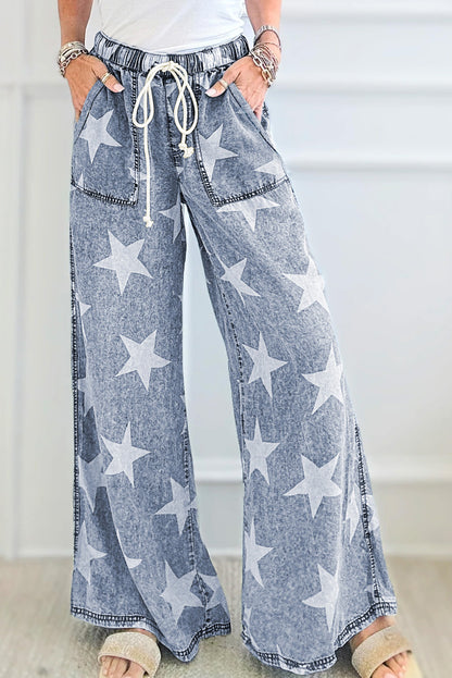 Light Blue Star Print Light Wash Drawstring Elastic Waistband Wide Leg Jeans