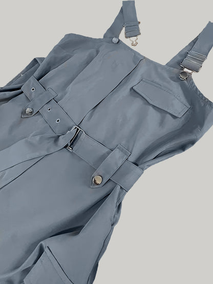 Solid Flap Pocket Cargo Jumpsuit, Casual Sleeveless Belted Flap Detail Jumpsuit, Women's Clothing
