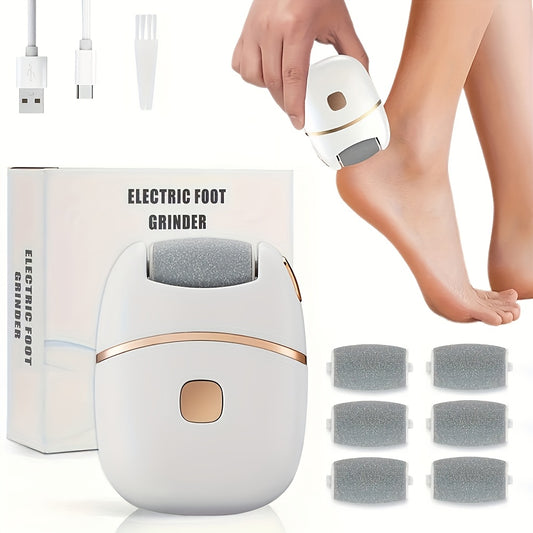 Rechargeable Electric Foot Exfoliator with 6 Replaceable Heads, for Dead Skin Removal and Polishing, USB Powered, a Smooth Two-color Design (White and Golden), Ergonomic Handle for Comfortable Use