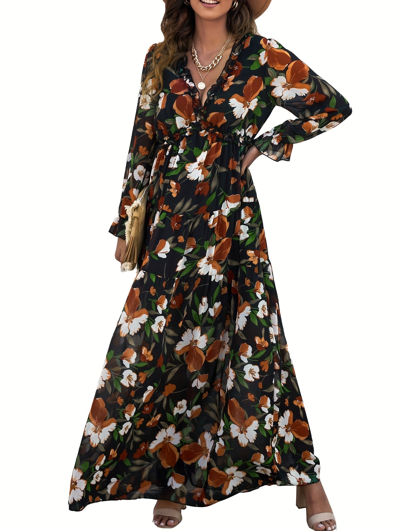 Lightweight Chiffon Floral Maxi Dress for Women - V-Neck, Long Sleeve, Layered Ruffle Hem, Bell-Bottom Maxi with Adjustable Waist Cincher, Perfect for Spring/Summer/Fall Vacations, Vacation Dress | Flowing Maxi Dress | Flowin