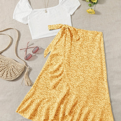 Vacation Ready - Chic Square Neck Crop Top & Adjustable Print Wrap Skirt Set - Flirty Short Sleeves, Womens Two-Piece Outfit