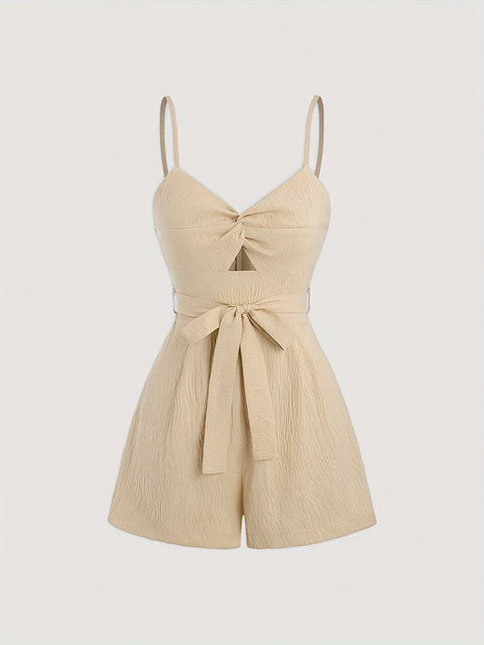 Elegant Bowknot Romper with Tie Waist - Chic Solid Color, V-Neck, Sleeveless Jumpsuit for Women - Perfect for Vacation, Parties & Casual Outfits, Vacation Dress | Bowknot Design | Twist Detail, Bowknot Jumpsuit