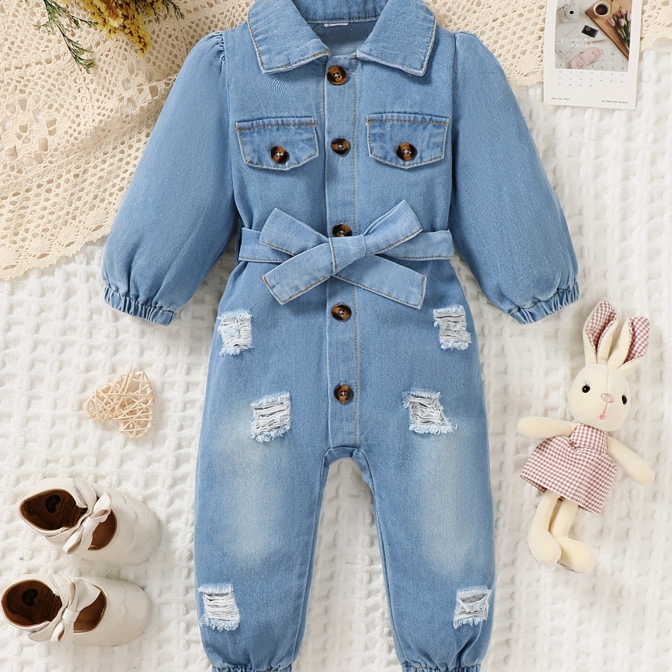A Babygirl Open Collar Long Sleeve Ripped Denim Jumpsuit Spring And Autumn