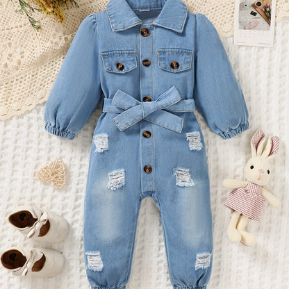 A Babygirl Open Collar Long Sleeve Ripped Denim Jumpsuit Spring And Autumn