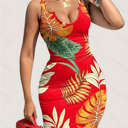 Tropical Paradise Tank Dress - Flattering Slim Fit & Vibrant Print - Comfort Crew Neck, Sleeveless Style - Perfect Womens Summer Clothing for Casual Days