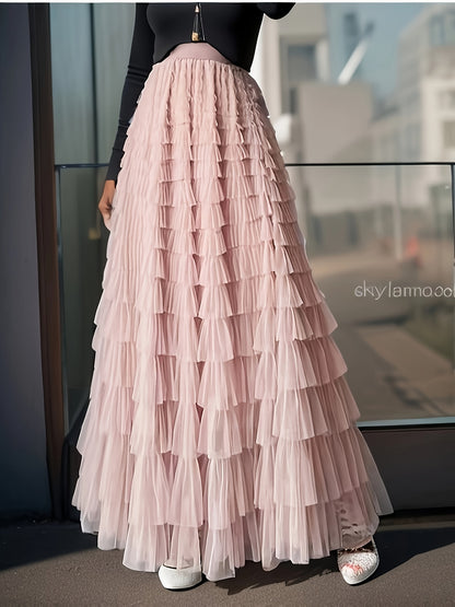 Multilayer Ruffles Tulle Skirt, Casual Fluffy Skirt For Spring & Summer, Women's Clothing