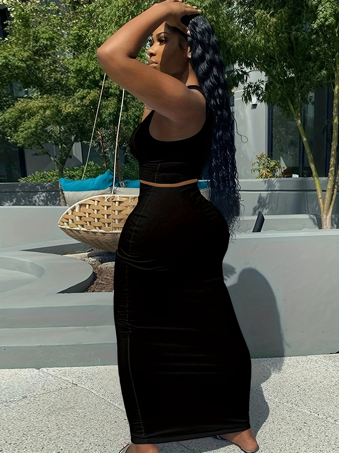 Trendy Two-Piece Set - Sexy Scoop Neck Sleeveless Tank Top & Flowy Bag Hip Maxi Skirt Outfit - Comfortable, Versatile, and Chic Women's Clothing for Everyday Wear