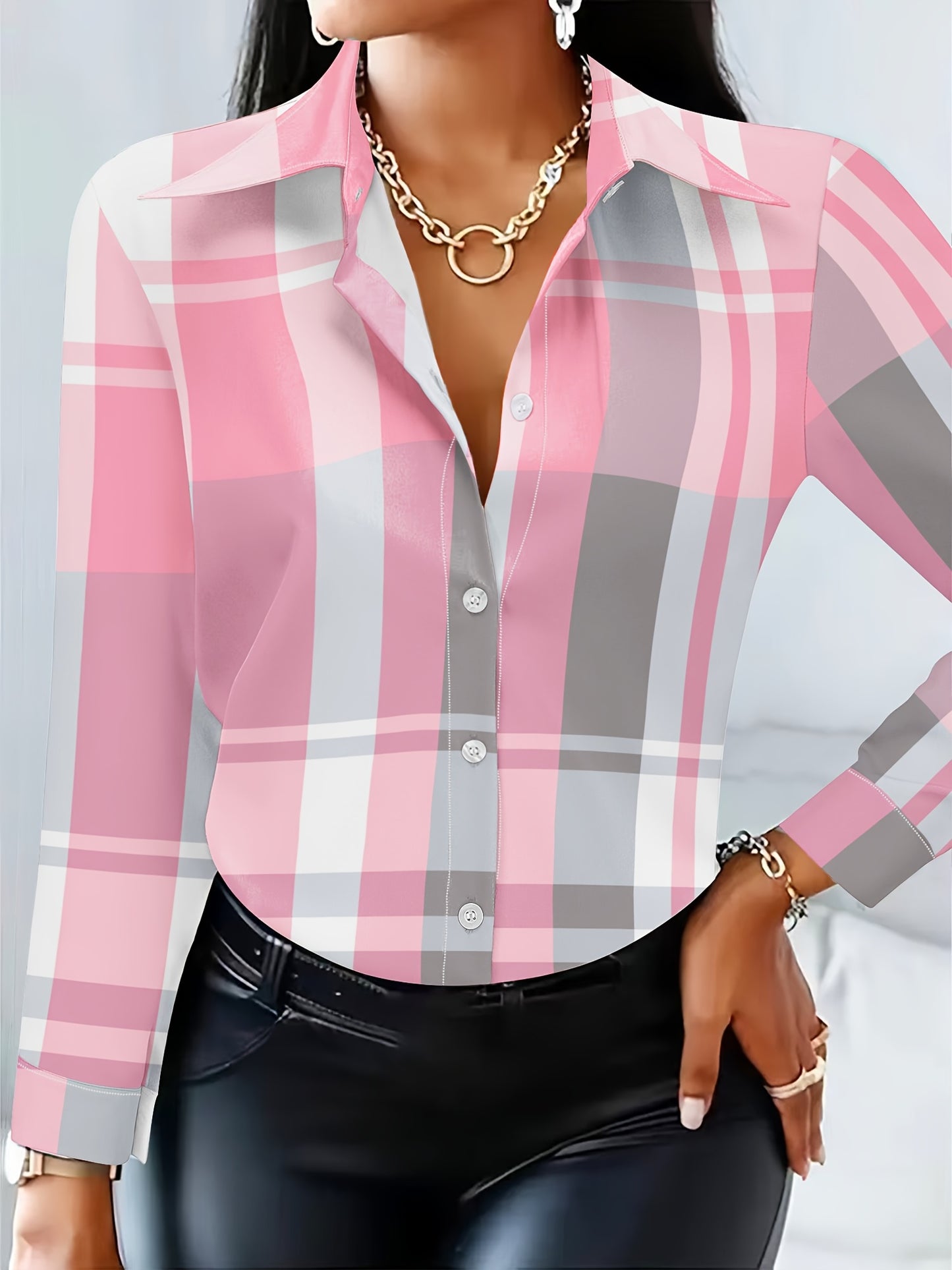 Women's Stylish Purple & White Plaid Long Sleeve Button-Up Shirt - Casual Polyester Blouse with Pointed Collar, Machine Washable, Perfect for Casual Attire