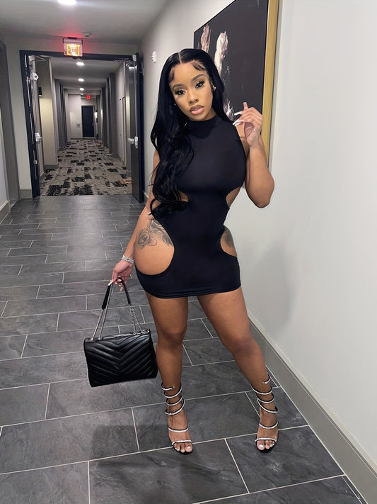 Women'S Sexy High Neck Cut-Out Mini Dress - Black Bodycon with Thigh-High Slit, Strappy Sandals & Clutch, Perfect for Summer Parties & Events, Party Attire | Sexy Bodycon Dress | Highneck Design
