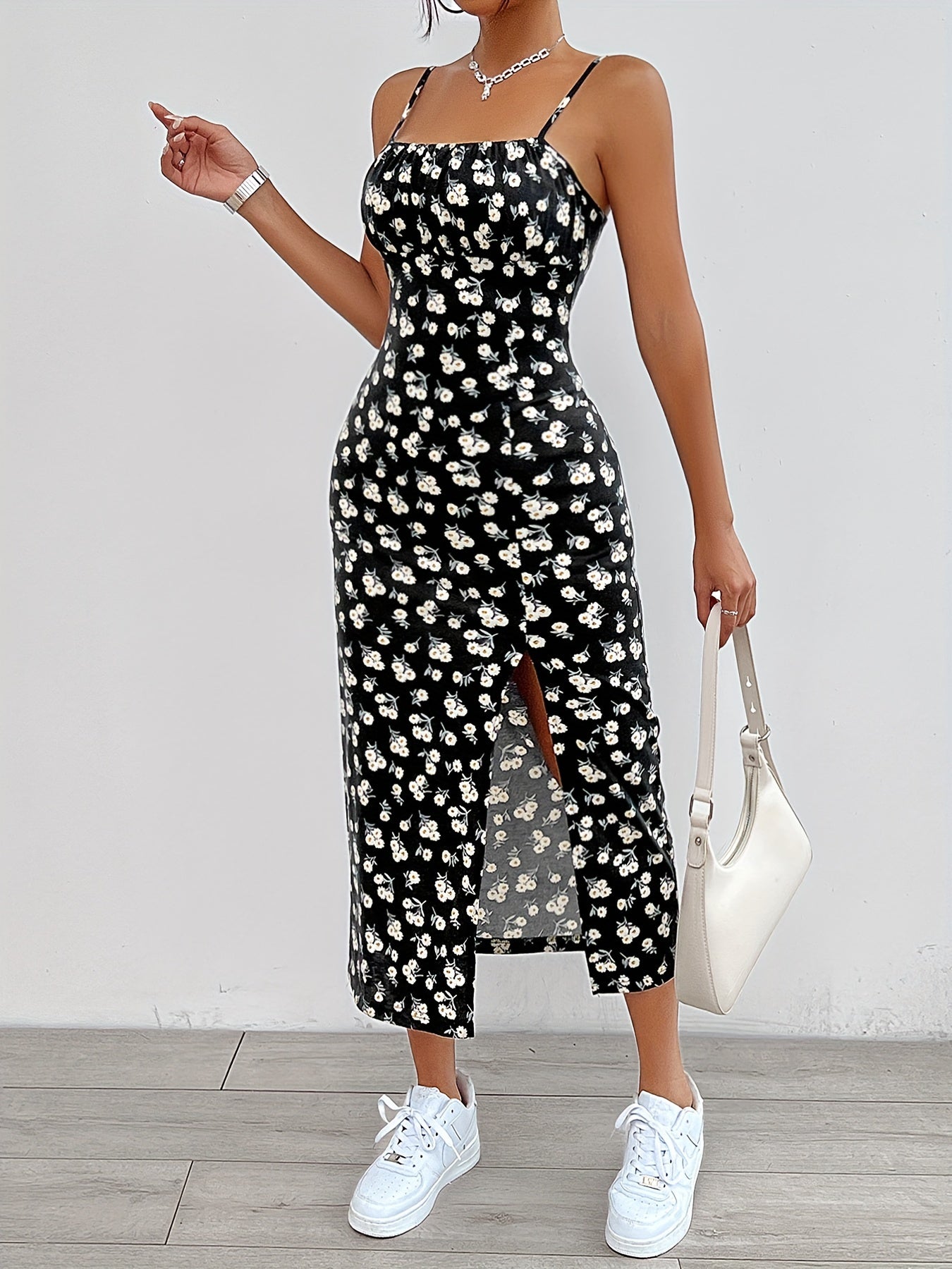 Flirty Floral Print Cami Dress with Flowy Split Hem - Chic Sleeveless Spaghetti Strap Design for Spring & Summer - A Fashionable Must-Have for Womens Wardrobe