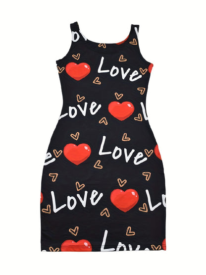 Heart & Letter Print Tank Dress, Casual Sleeveless U Neck Slim Dress, Women's Clothing