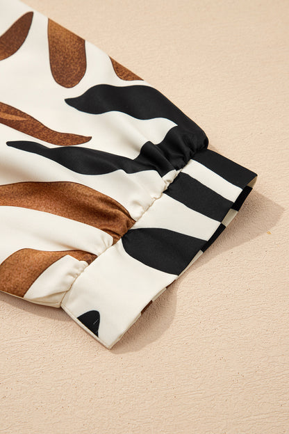 Brown Abstract Print Puff Sleeve Loose Blouse