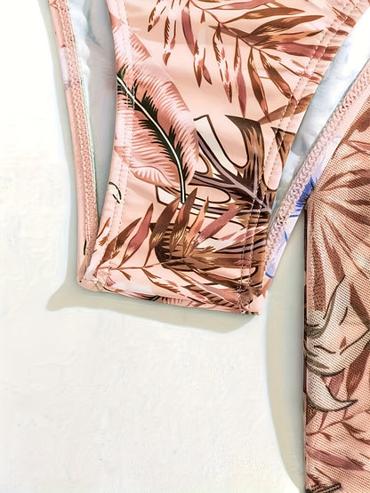 3-Piece Tropical Bikini Set with V-Neck & High-Cut Bottoms, Long Sleeve Cover-Up Shirt - Chic Summer Swimwear for Women, Perfect for Beach & Holiday