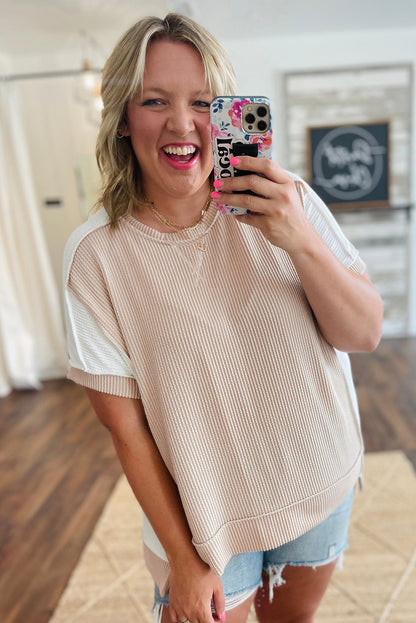 Parchment Twist Rib Colorblock Hi Low Plus Size Short Sleeve Top