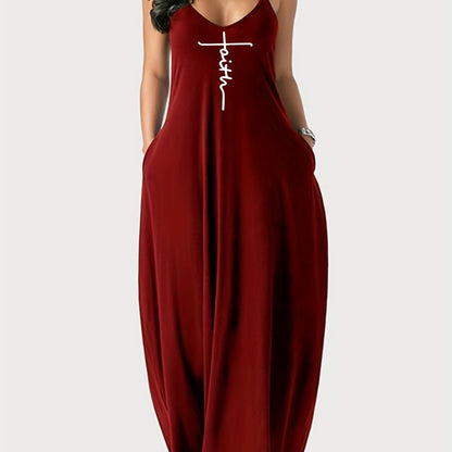 Faith Print Backless Dress, Casual Spaghetti Strap V Neck Loose Dress, Women's Clothing