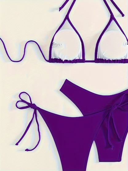 Solid Color 3 piece Set Bikini, Halter Neck Backless Swimsuits, Women's Swimwear & Clothing