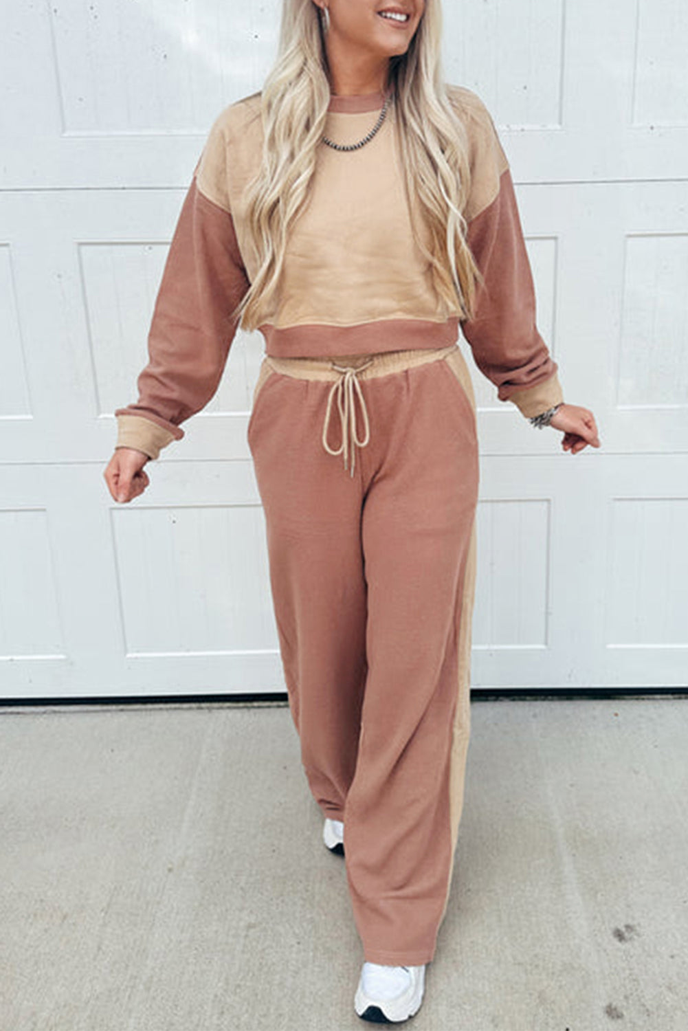 Khaki Color Block Long Sleeve Crop Top Drawstring Pant Set